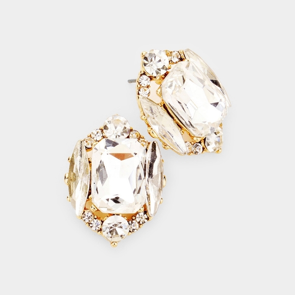 Gold Stud Emerald Cut Fashion Jewelry Crystal Earrings Evening Statement - Picture 1 of 2